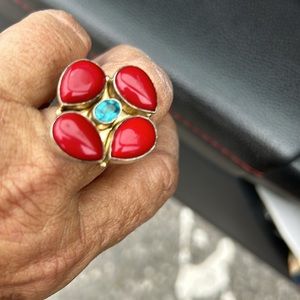 Such a GORGEOUS LARGE Sterling ring ( red coral?) plus free turquoise look ring